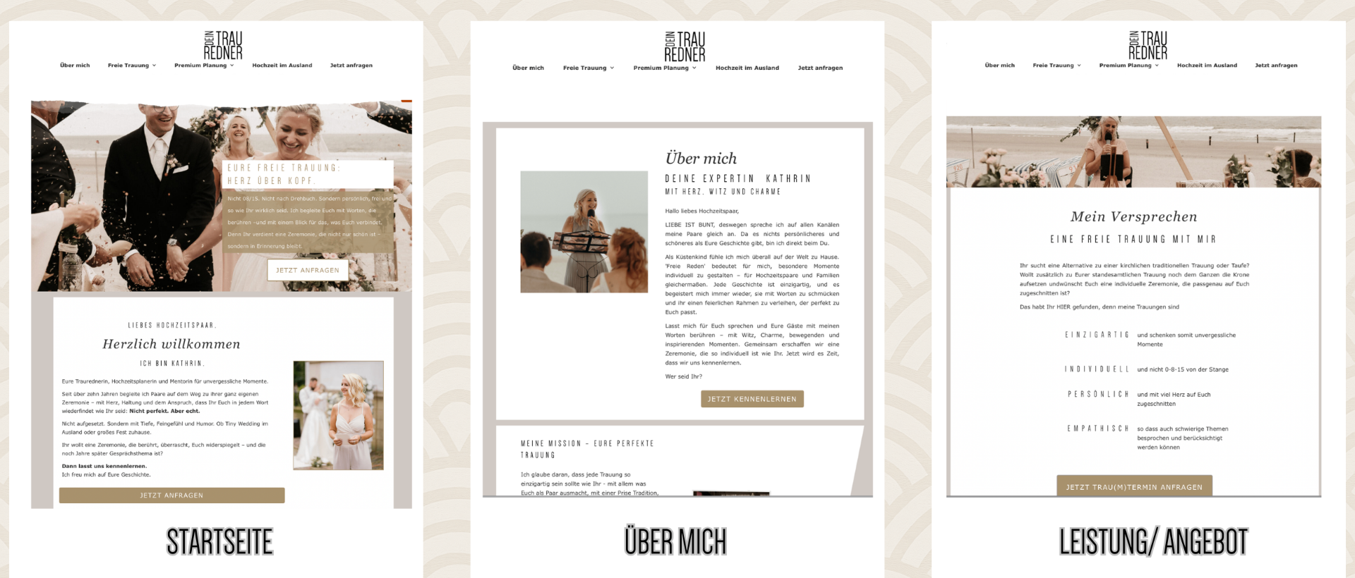 Signature Website Seitenstruktur – Startseite, Über-mich-Seite und Angebotsseite als Beispiel